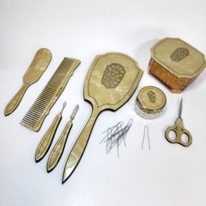 Vintage Dupont Celluloid Pearlized Amber 8 Item (10pc) Vanity Dresser Set
